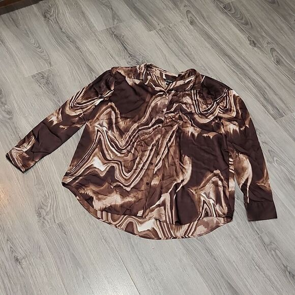 The Limited Choc Brown Swirl Silky Long Sleeve Button Top - Picture 2 of 5